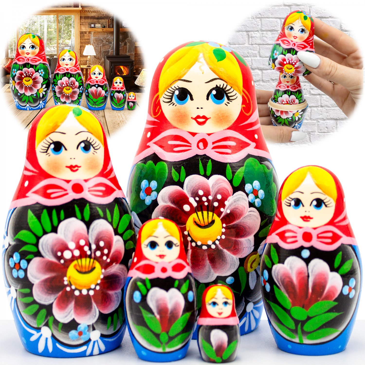 Handmade Babushka Nesting Dolls with Flowers Set 5 pcs - Matryoshka Doll with Flower Decororations