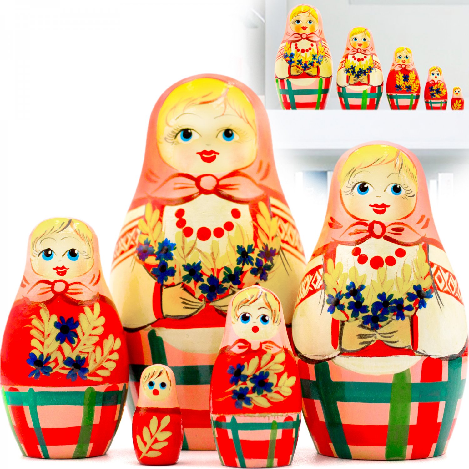 Russian Nesting Dolls Set of 5 pcs - Russian Doll with Cornflowers and Spikelets
