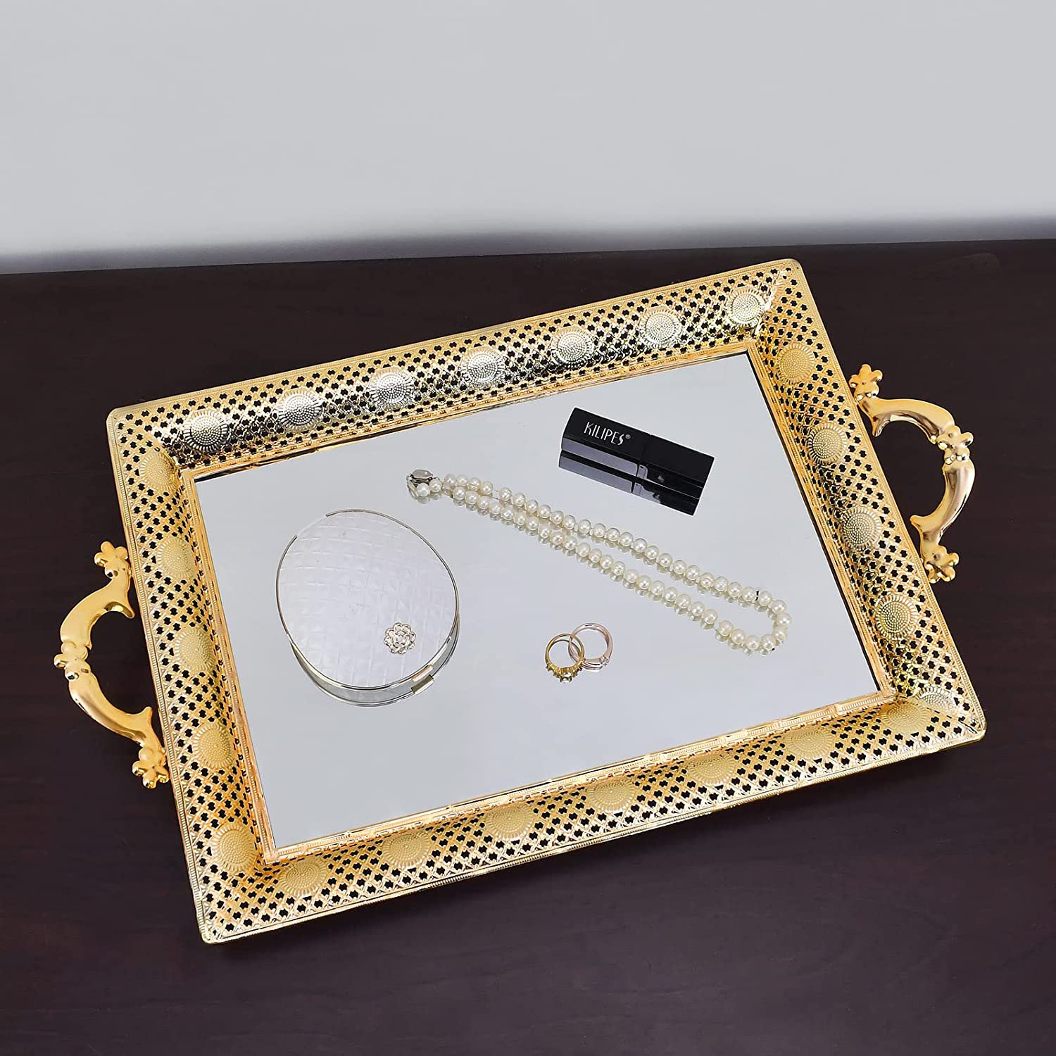 Decorative Gold Mirror Tray Decor Metal Jewelry Perfume Organizer Makeup Tray