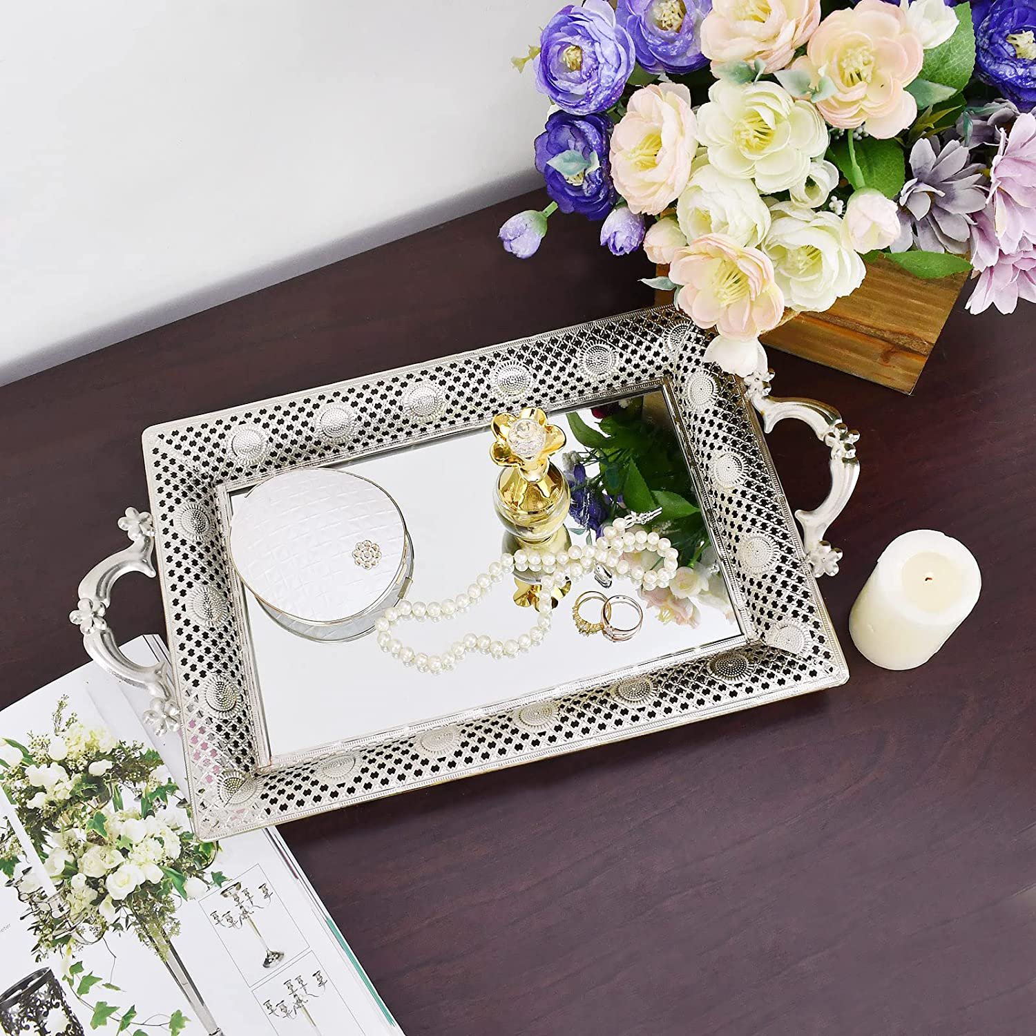 Serving Tray with Handles Mirrored Vanity Tray for Dresser (Silver - 16.14&Atilde;�9.45")