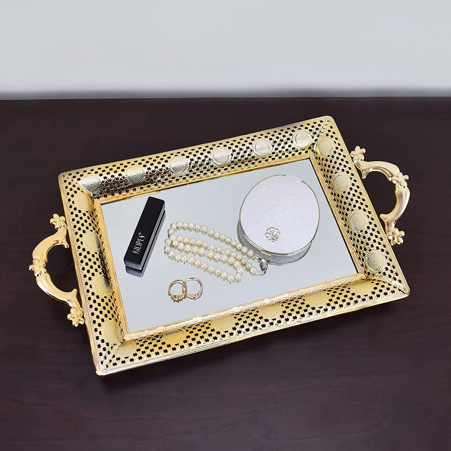 Serving Tray with Handles Mirrored Vanity Tray for Dresser (Gold - 16.14&Atilde;�9.45")