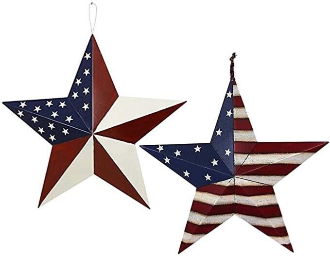 Set of 2 Patriotic Metal Barn Star Outdoor Indoor Hanging Wall Decor July 4th