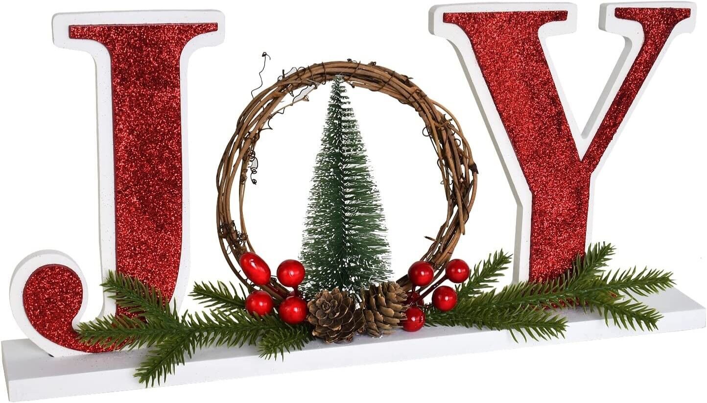 Christmas Wood Joy Sign for Home Decor, Decorative Wooden Cutout Joy Word Decor