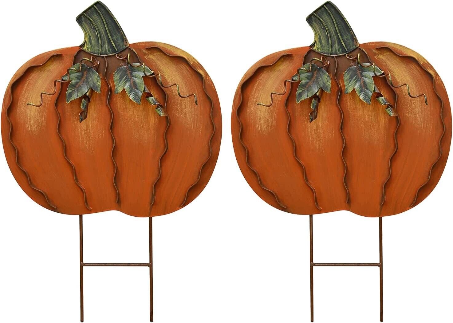 Metal Pumpkin Stake Fall Decor, Rustic Pumpkin Yard Sign with Stakes set of 2