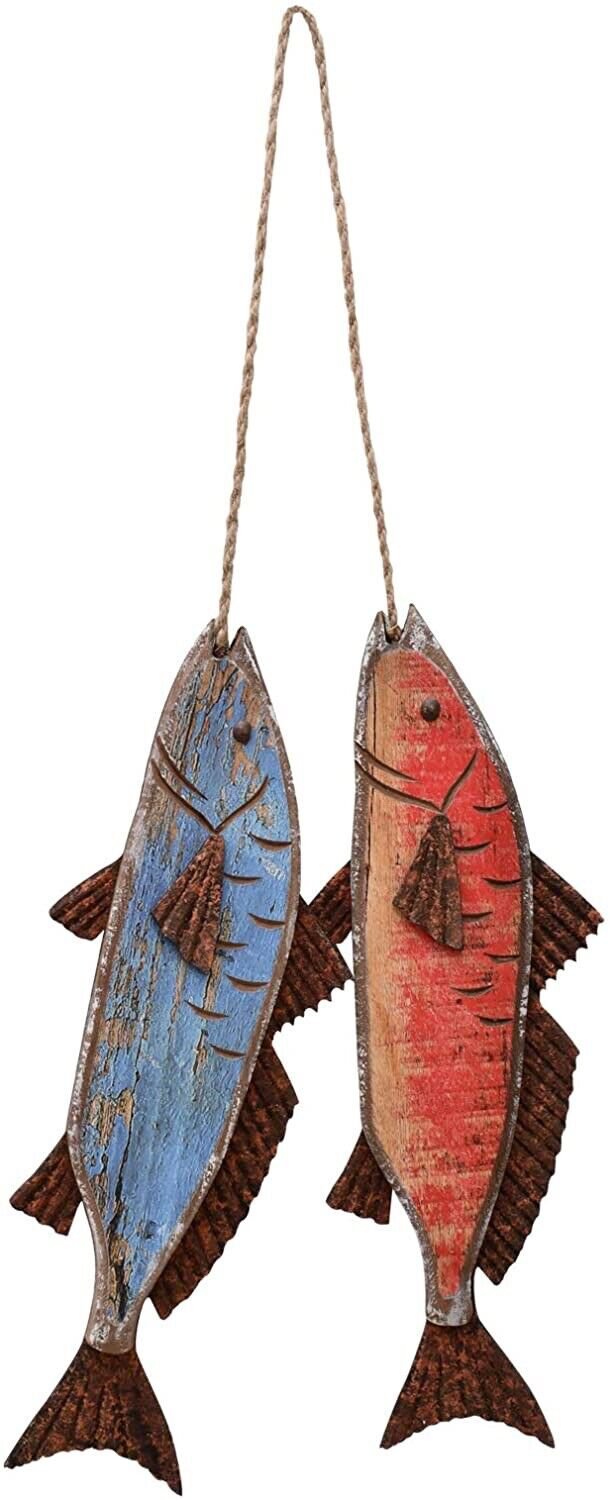 Wooden Fish Decor Hanging Wood Fish Decorations for Wall, Rustic Nautical Fish D