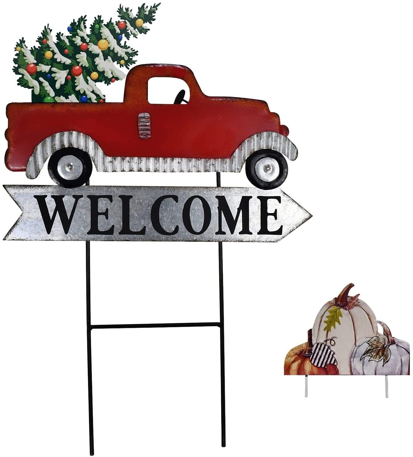Rustic Truck Garden Stake Welcome Sign Fall Vintage Red Truck With Tree &Pumpkin