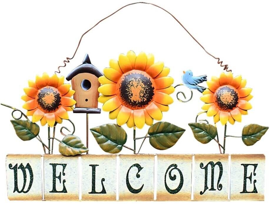 Metal Sunflower Welcome Sign Hanging Wall Art Door Decor for Indoor Outdoor Gard