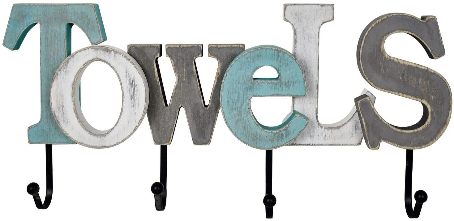 Mounted Wood Word Towels Sign Towel Hook for Bathroom Home Wall Decor (Multi...