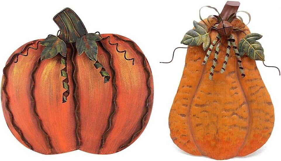 Metal Pumpkin Harvest Fall Decor Set of 2, Thanksgiving Halloween Outdoor Yard G