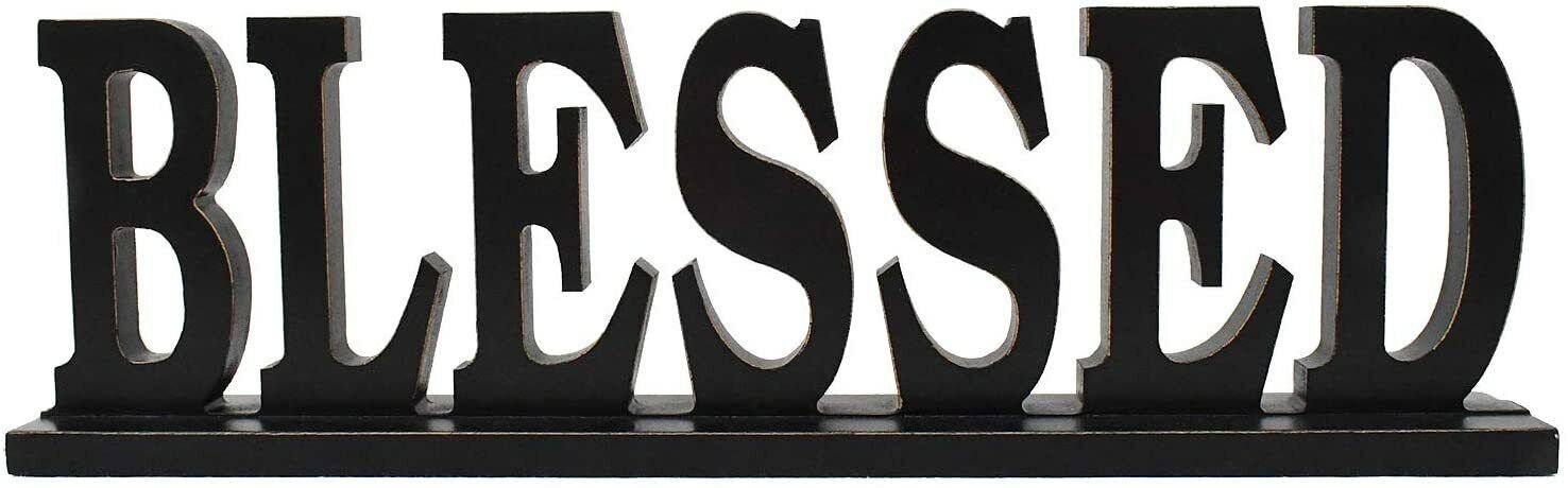 Wooden Cutout Freestanding texture Blessed Tabletop Decor, 16.5" X 5" Black