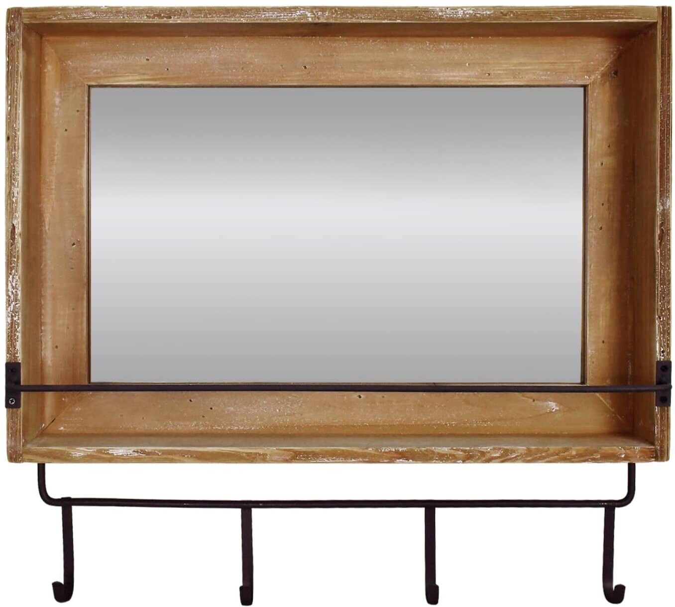 Wood Wall Mirror with Hooks Shelf, Rustic Wooden Frame Hanging Wall Mirror