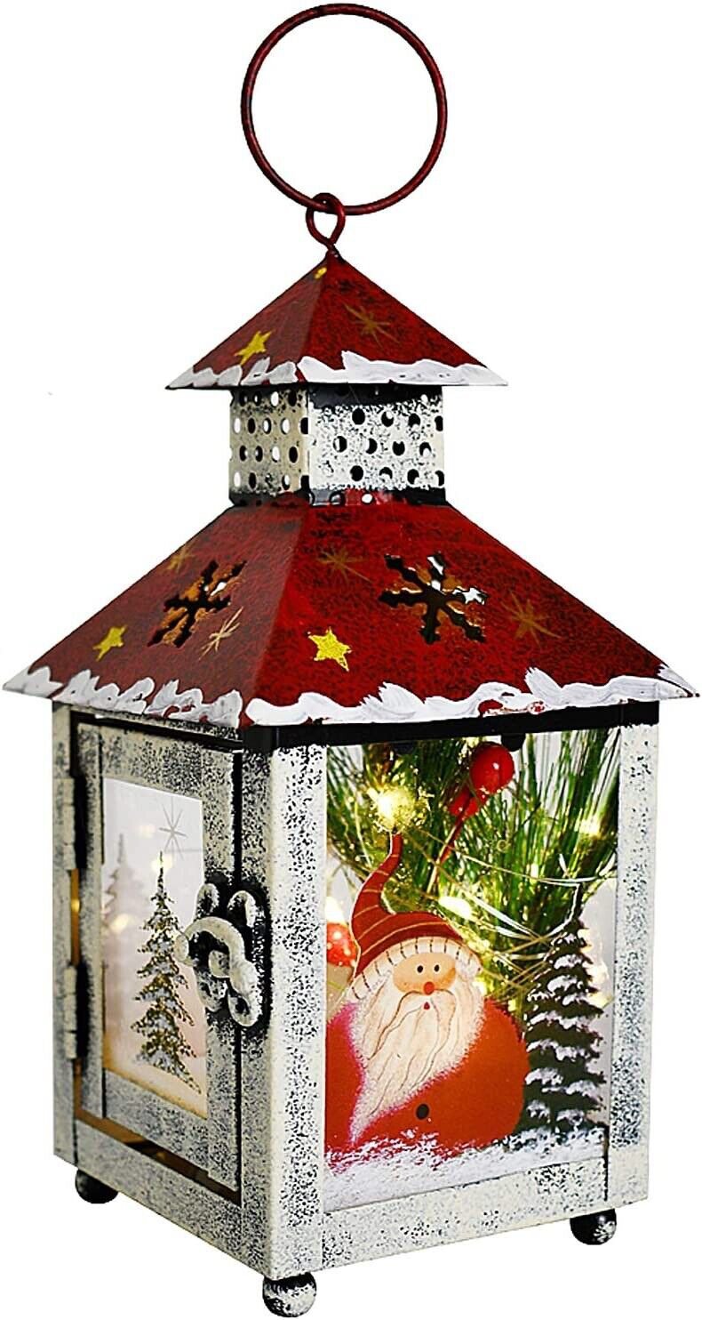 Decorative Christmas Lantern with Santa Pattern Rustic Metal Night Light 7.5&acirc;��H