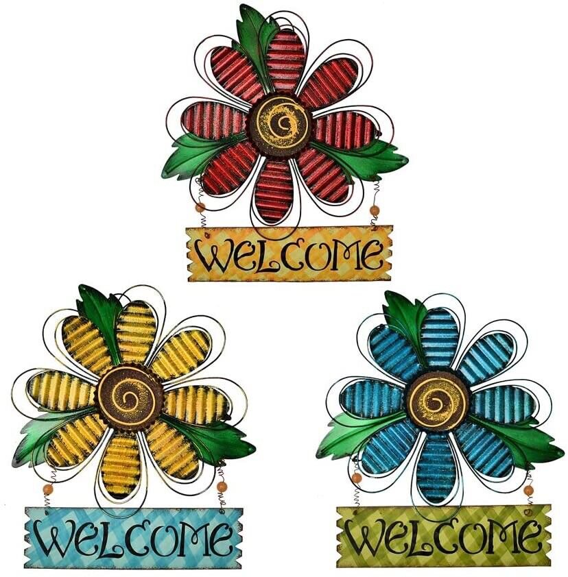 Vintage Flower Metal Welcome Sign Front Door Decor Hanging Wall Sign In-Outdoor