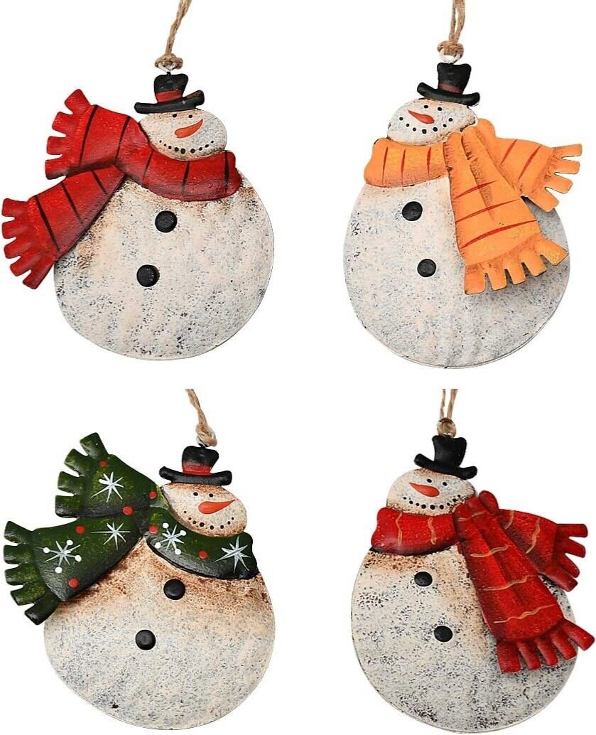Christmas Hanging Ornament Metal Snowman Decor Set of 4, 4X3.5 Inch Rustic Chris
