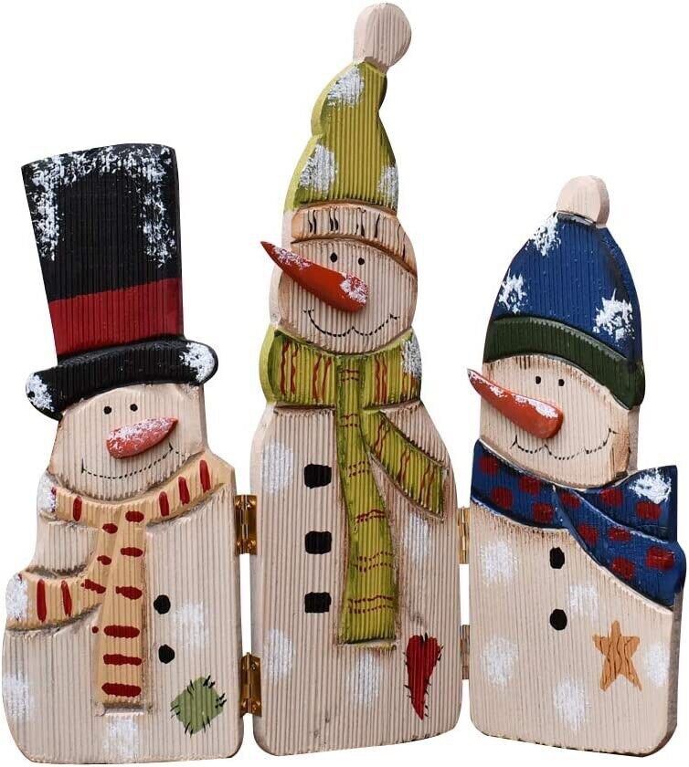 Wood Snowman Tabletop Decoration Triple Snowman Decorative Folding Screen Snowma
