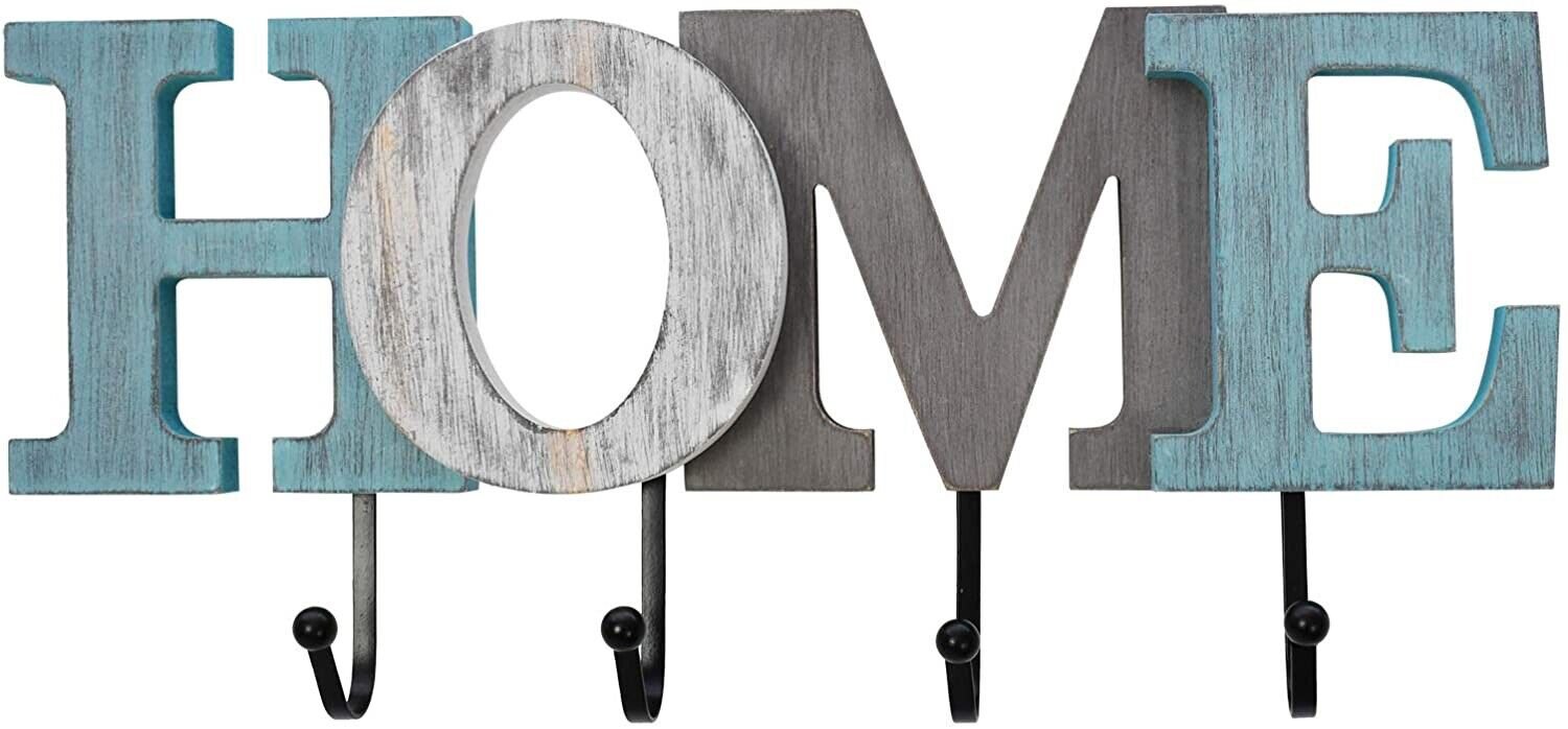 Rustic Wood Home Letter Sign with 4 Hooks Cutout Home Sign Wall Mounted Key Rack