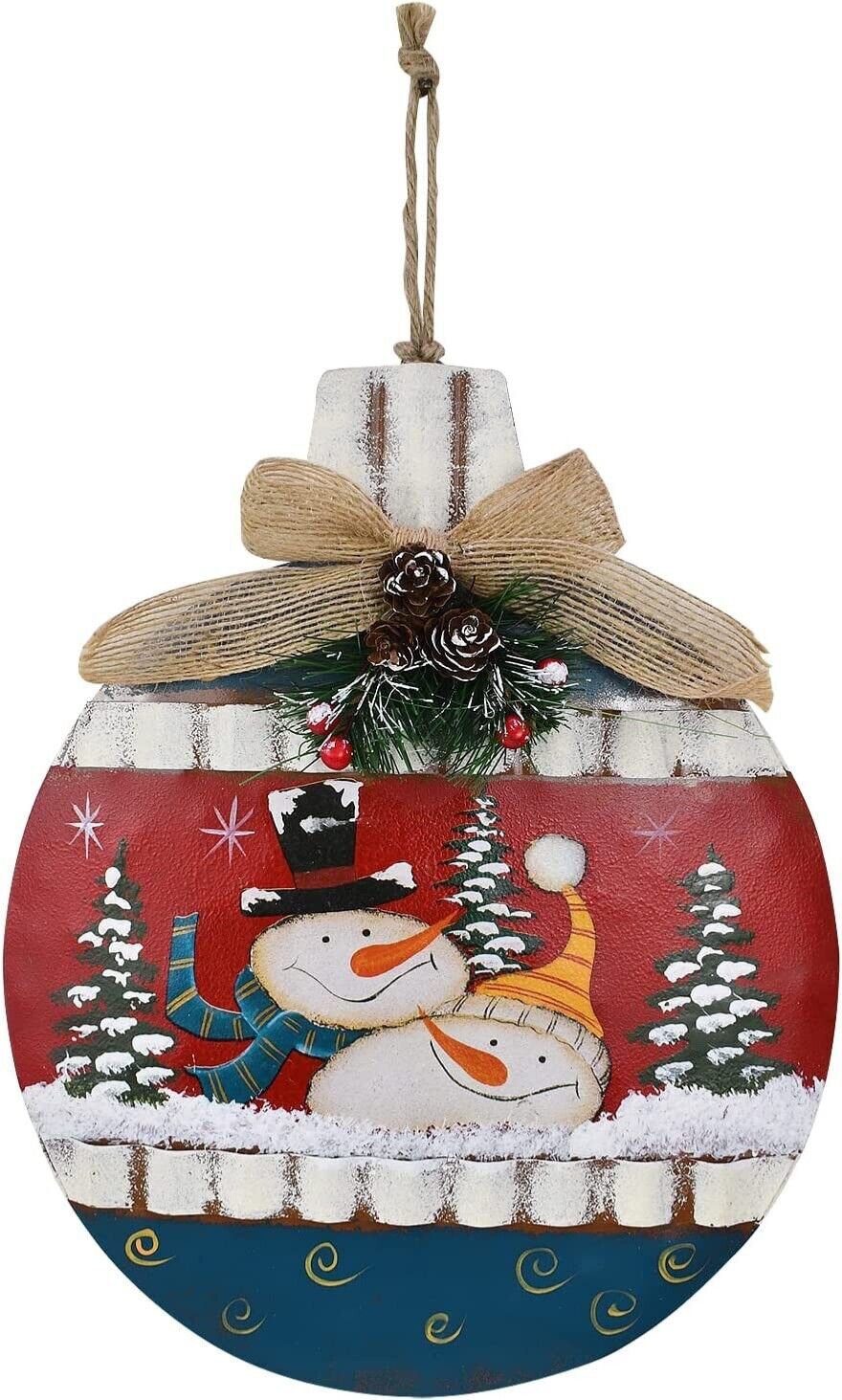 Rustic Christmas Sign Snowman Decor Wreath Hanging with Bow Berries Pine Cone, R