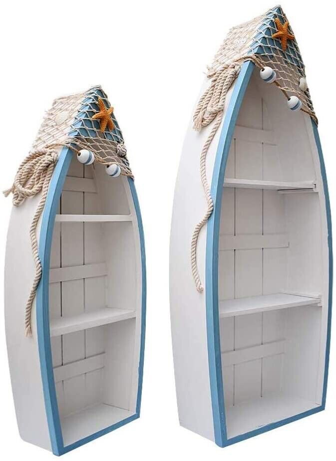 Set of 2 Wooden Nautical Boat Display Shelf Beach Theme Table Decor StandingBoat