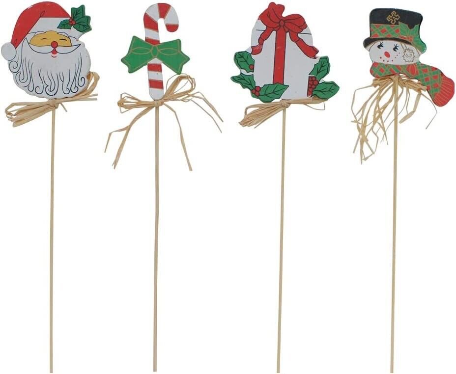 Christmas Yard Garden Stake Flower Pot Decoration Set of 4, Santa Claus Candy Ca