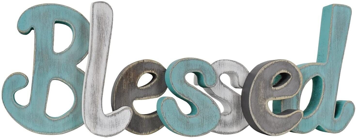 Wooden Letters Sign Decorative Shelf Table Hanging Ornament Rustic (blessed)