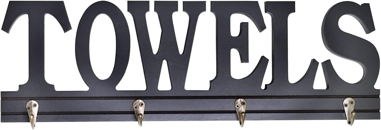 Black Wood Towel Hooks for Bathroom Decorative Cutout Word Sign Wall Decor
