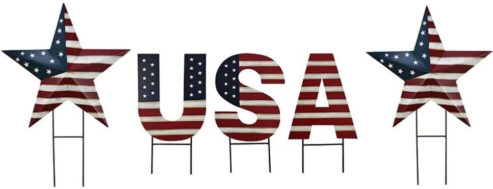Metal USA Letter & Two stars Yard Sign with Stake Patriotic Barn Garden stakes