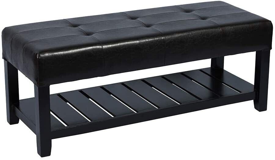 Storage Ottoman Bench - Black Faux Leather Footrest Seat Rectangular Upholstered