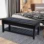 Storage Ottoman Bench - Black Faux Leather Footrest Seat Rectangular Upholstered