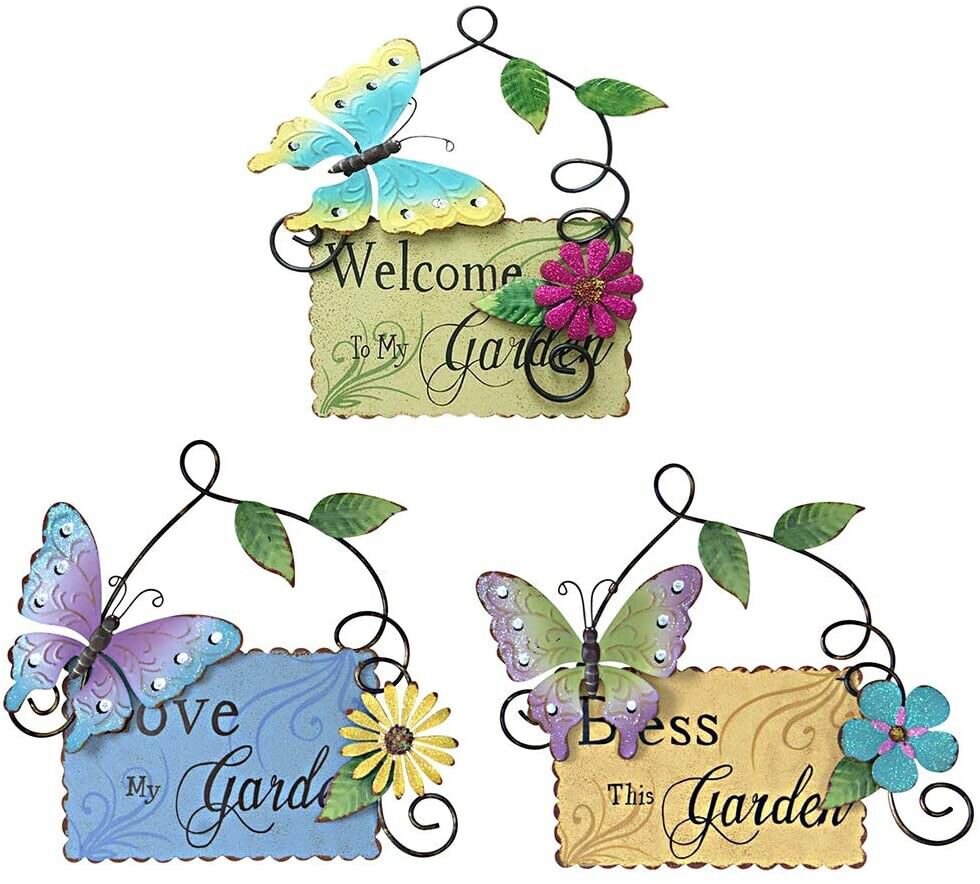 Metal Garden Welcome Sign with Butterfly Decor Set of 3, Outdoor Hanging Welcome