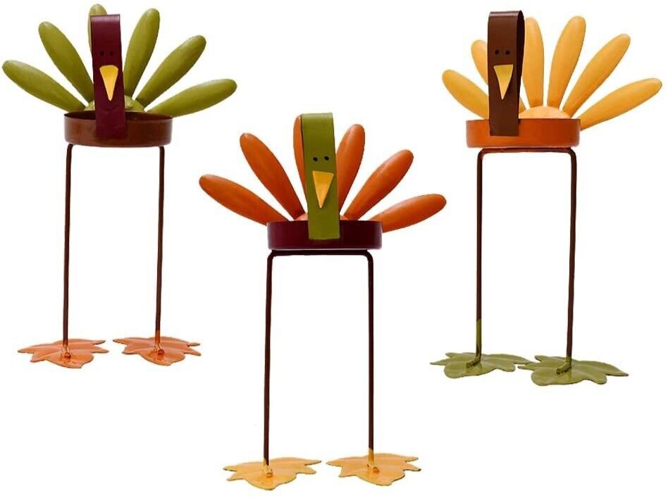Set of 3 Turkey Tea Light Candleholders Tabletop Decorative Metal Turkey...