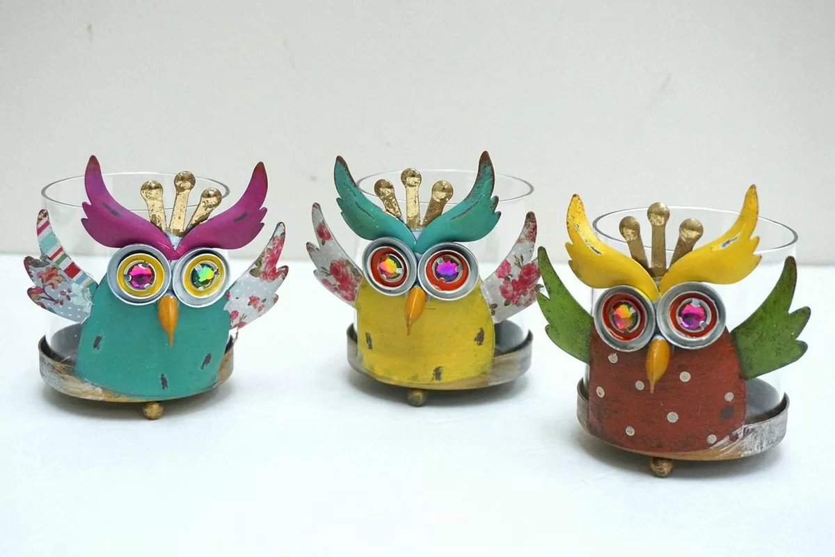 3 Piece Owl Hurricane Glass/Metal Candle Holder Set (Set of 3)