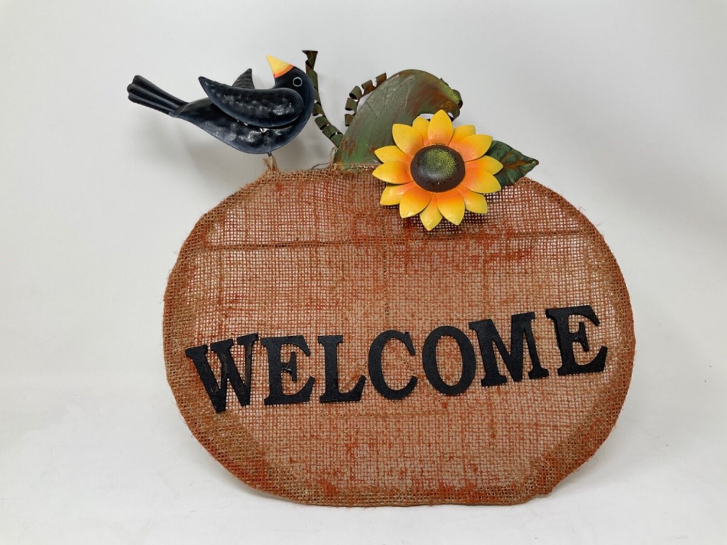 Metal Sackcloth Pumpkin with black bird and sunflower Welcome sign TabletopDecor