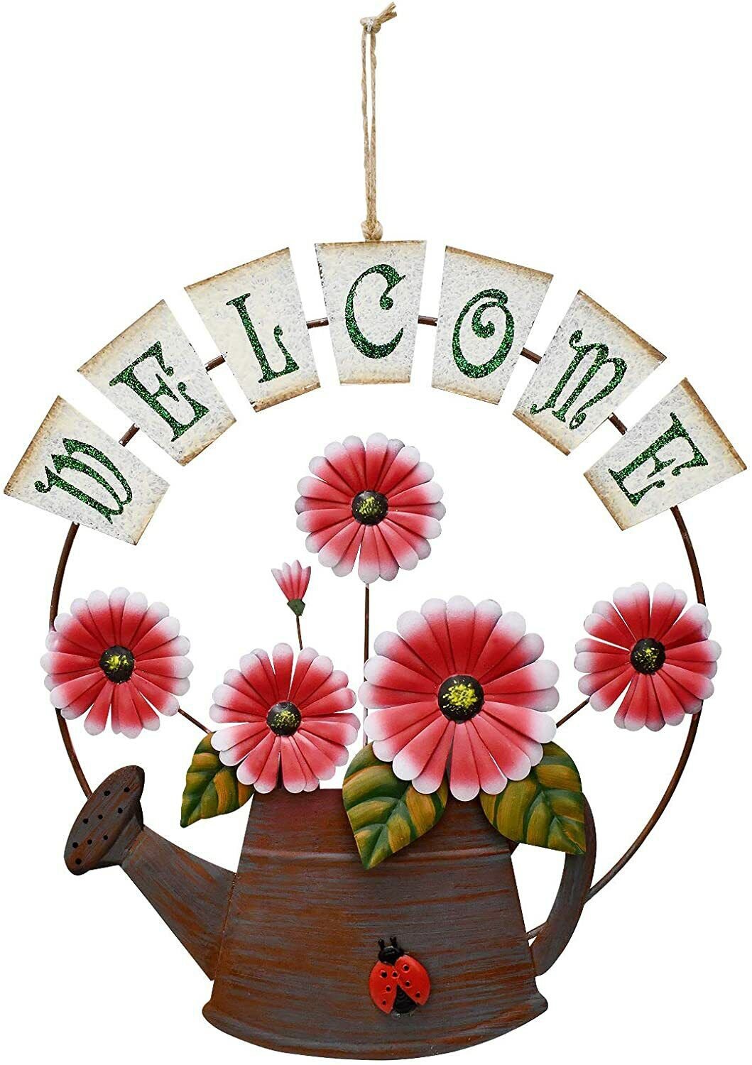 Vintage Metal Welcome Sign Hanging Flower Watering Can Design Front door sign