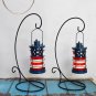 Rustic Metal Lantern Candle Holder Set of 2 with American Flag Pattern Vintage F