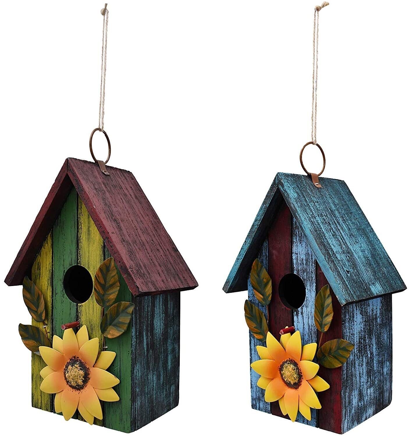 Wooden Hanging Garden Birdhouse Porch Yard Decor bird house 9.37"X6.38"X4.25" (Red & Blue)