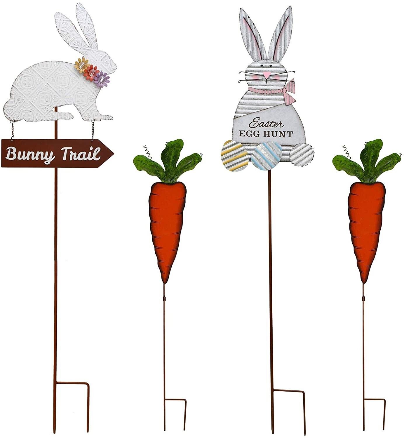 Easter Bunny & Carrot Yard Stake Set of 4 Outdoor Metal Bunny Carrot Decoration