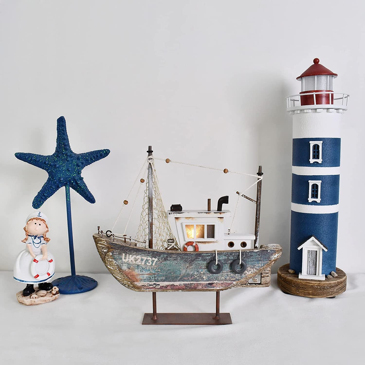 Wooden Sailboat Decorations Nautical Sail Boats Model Decoration with Lights