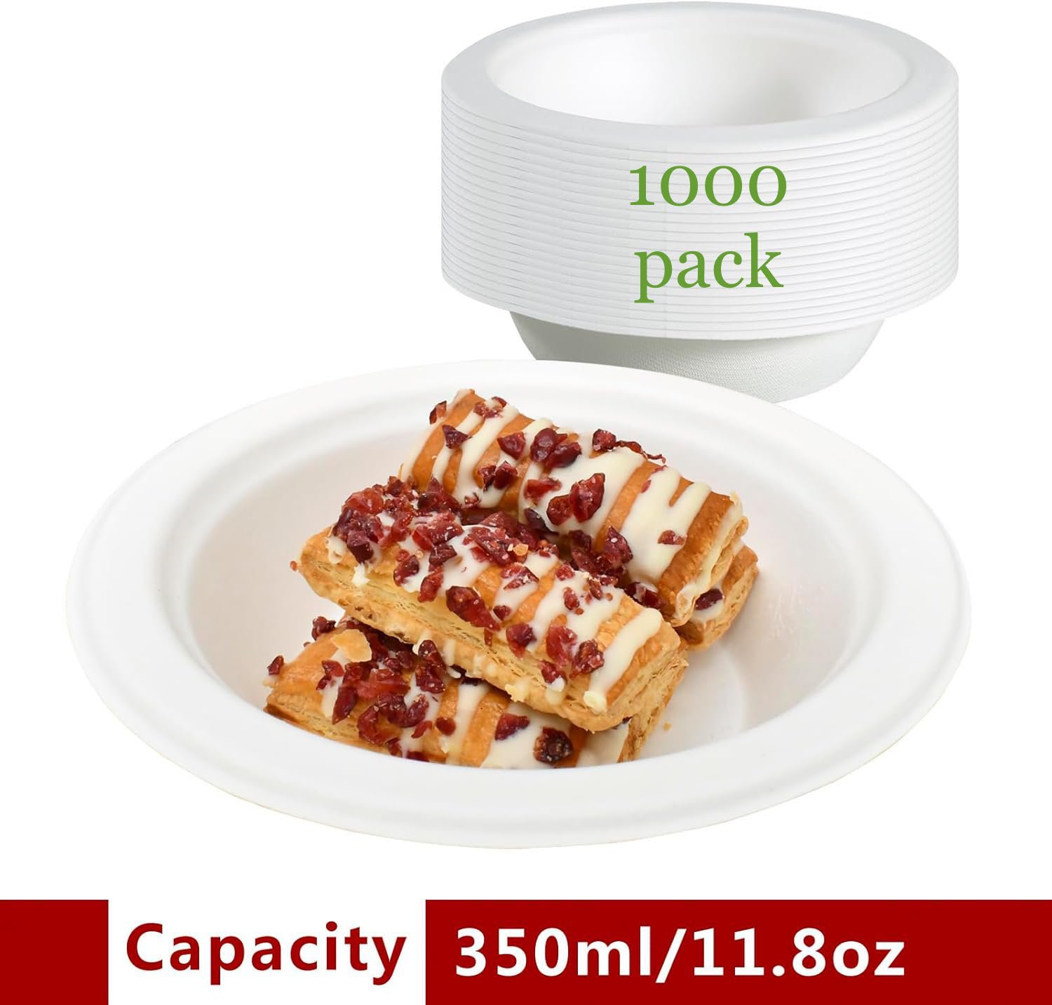 1000 Pack 11.8 OZ Heavy Duty Biodegradable Sugarcane Bagasse Food Bowls Eco Friendly Natural