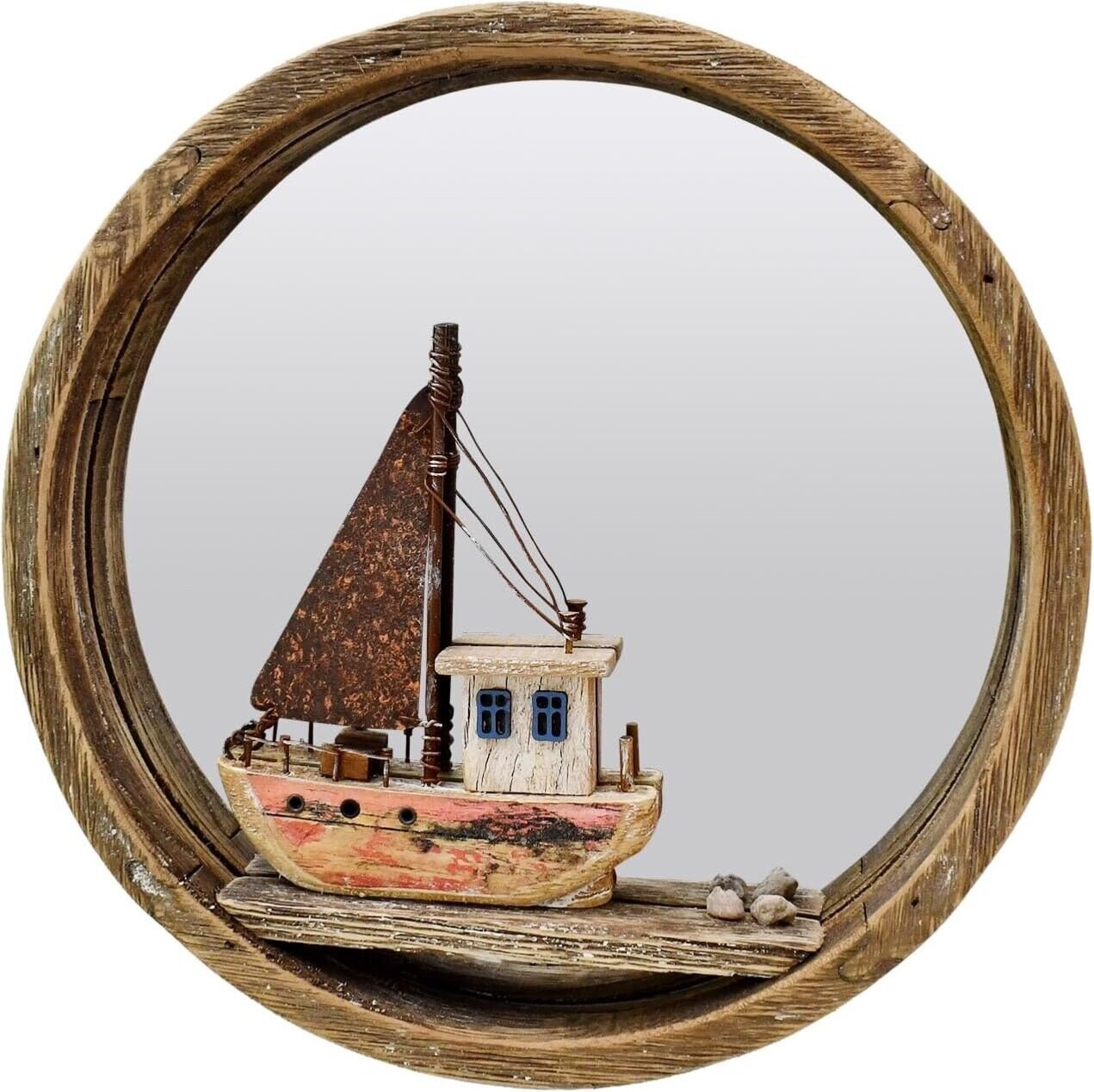 Wooden Beach Wall Hanging Circle Mirror Decor Nautical Wood Boat hanging decor