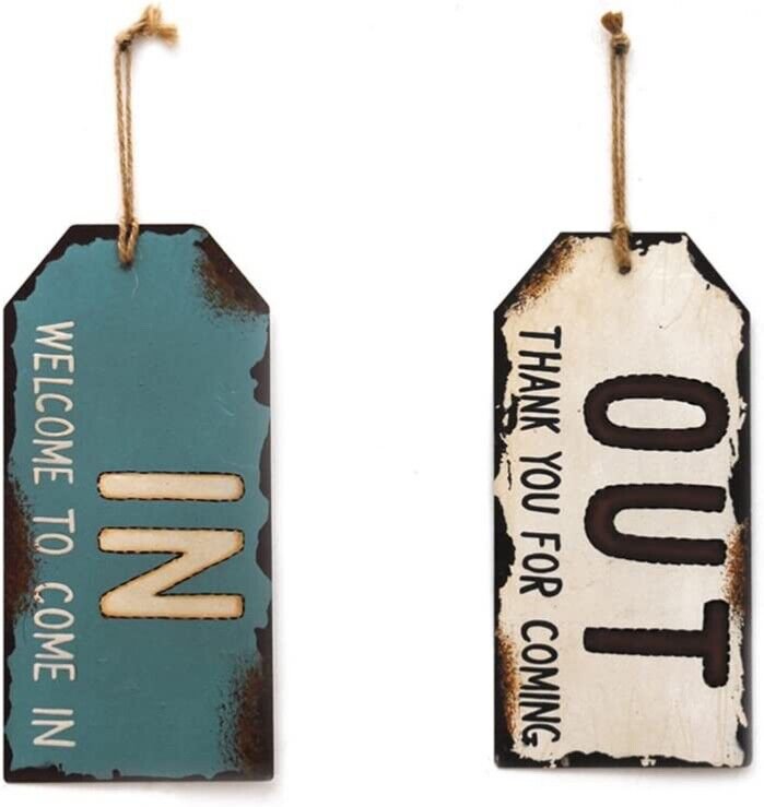 Vintage Metal In Out Business Store Sign Distressed Door Hanger Sign with String
