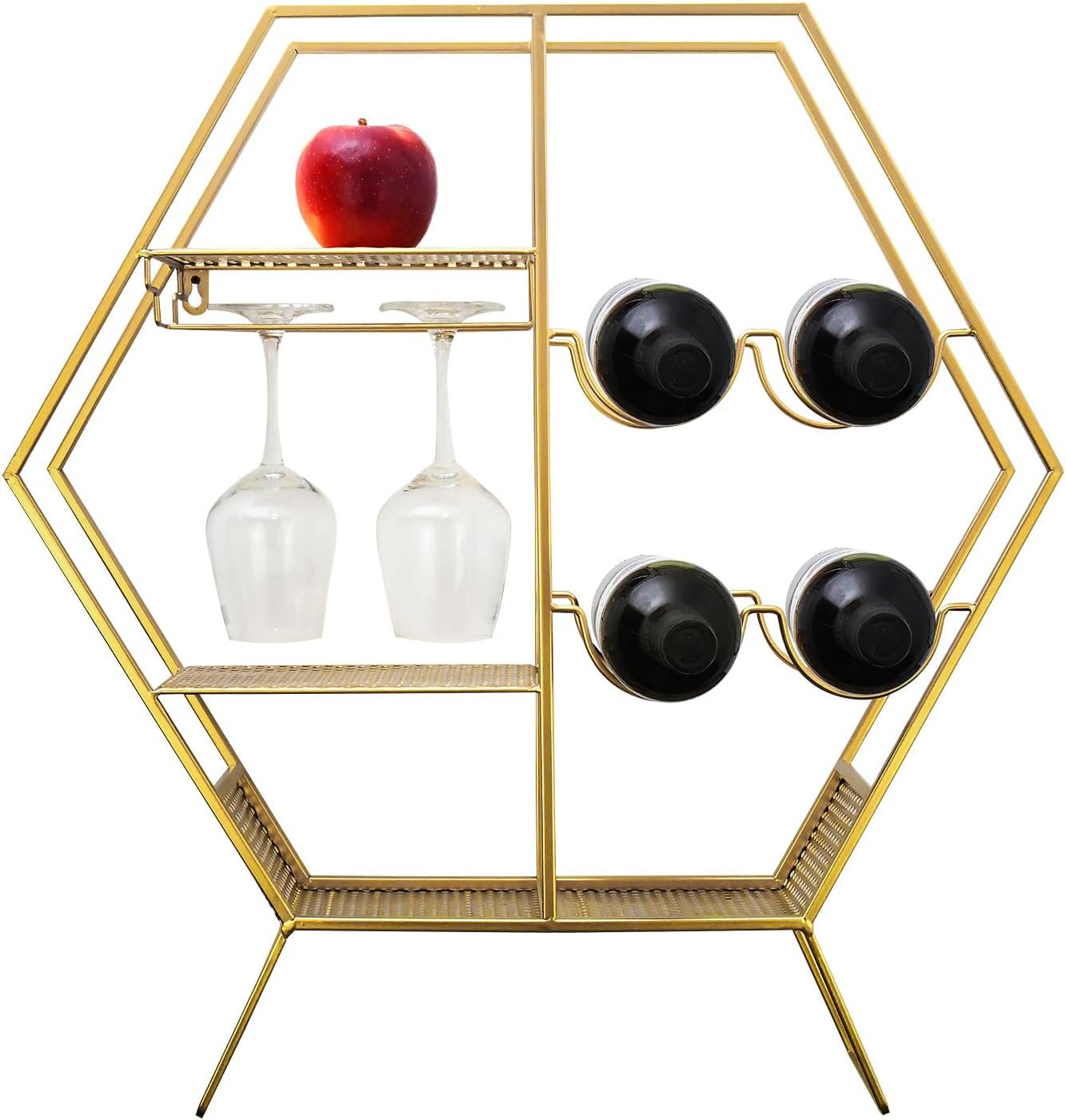 Metal Countertop Wine Rack with Glass Holder - Freestanding Iron Bottle Holder