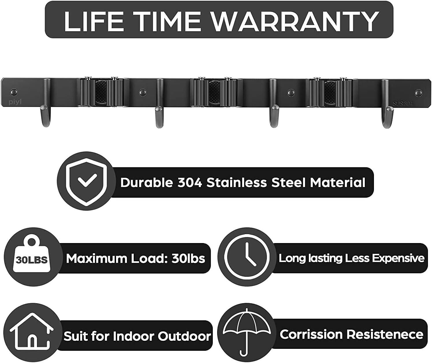 Broom Mop Holder Wall Mounted Metal Organizer With 3 Racks and 4 Hooks hanger
