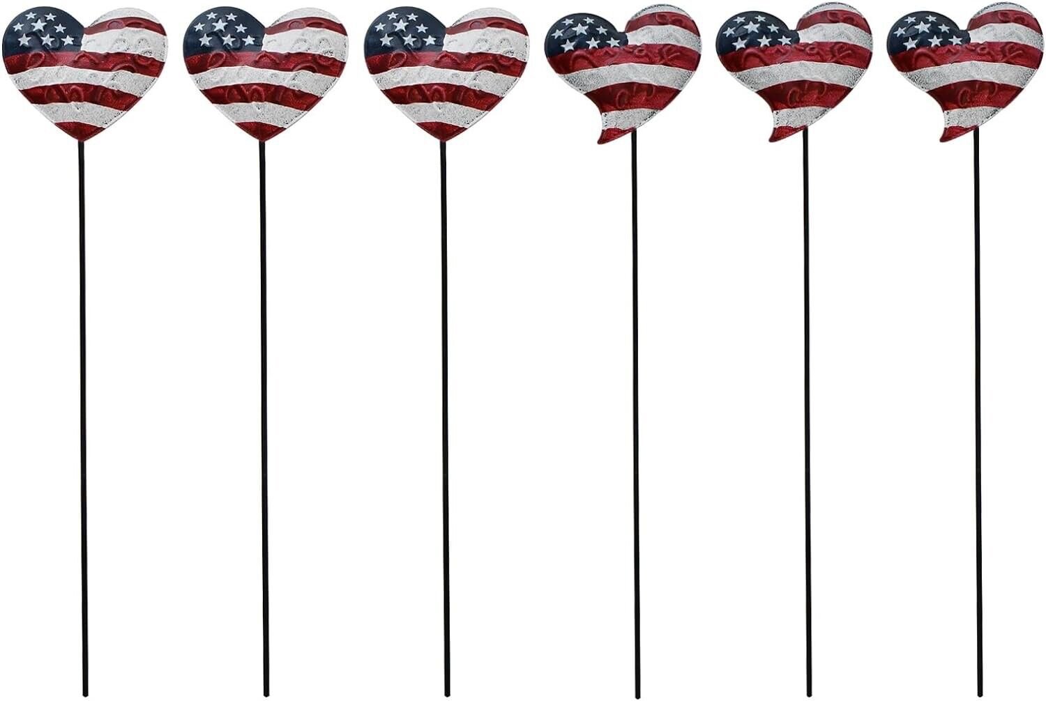 Patriotic Garden Stakes Set of 6, 3D Decorative Metal US Flag Heart Yard Artsign