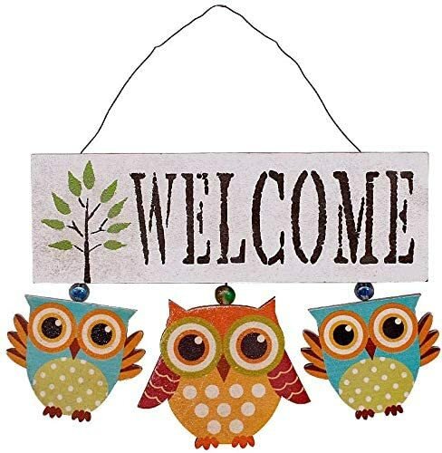 Hanging Wooden Welcome Sign Front Door Decor, Rustic Welcome Door Sign Owl Farmh