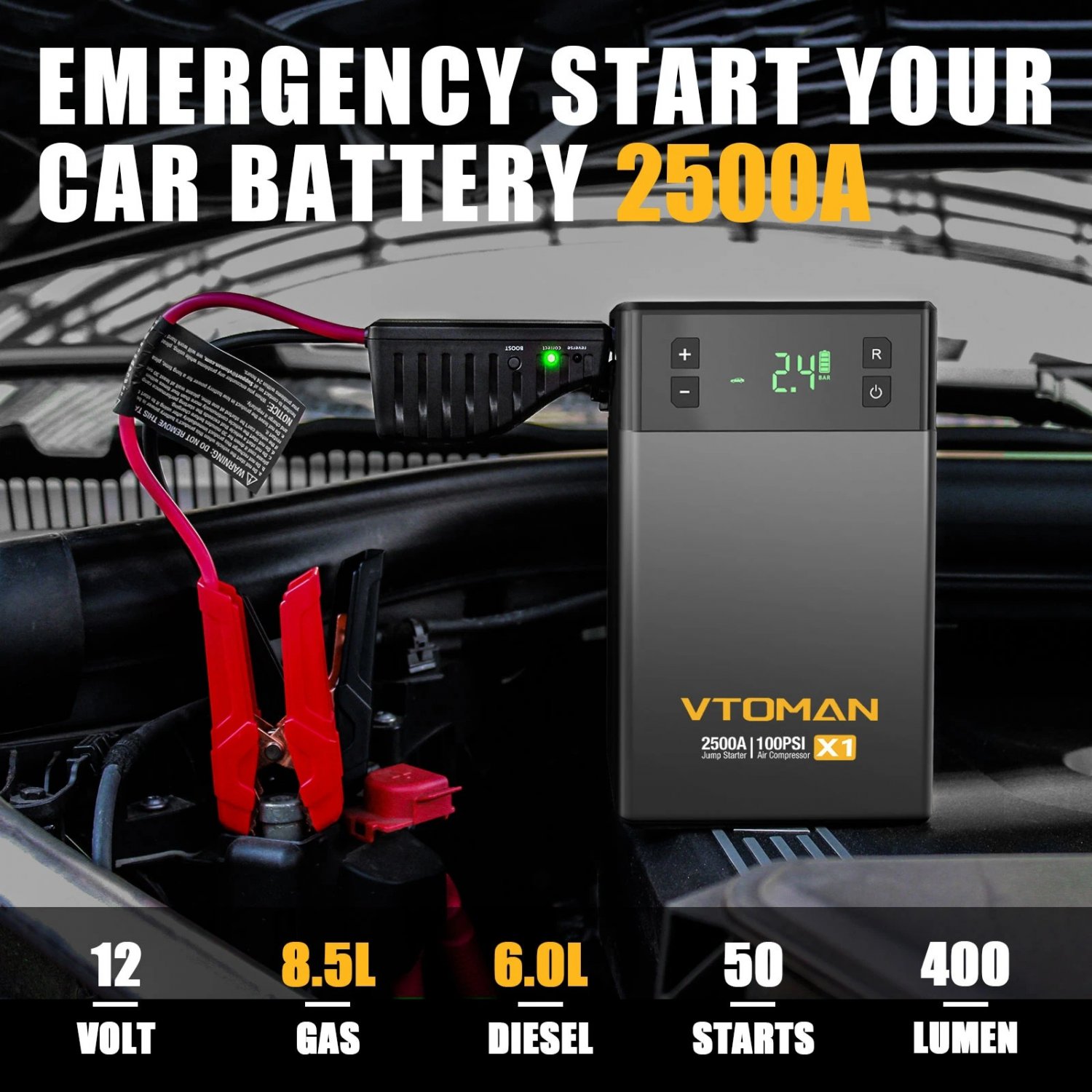 VTOMAN Car Jump Starter With 100PSI Air Compressor Power Bank Portable Air Pump Battery