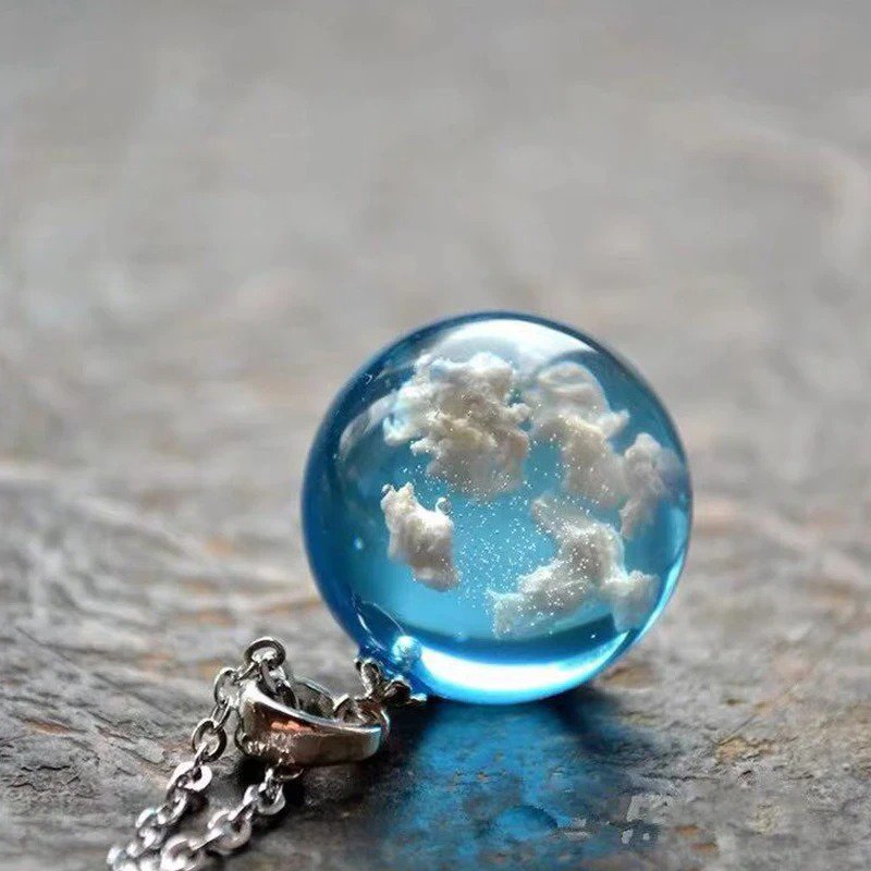 Chic Transparent Resin Round Ball Moon Pendant Necklace Women Blue Sky White Cloud