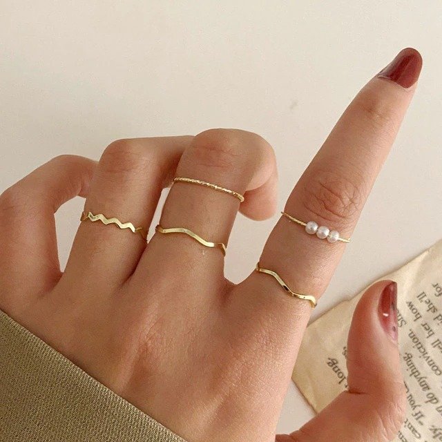 17352 Modyle Boho Gold Color Heart Rings Set For Women Vintage Geometric Cross Pearl