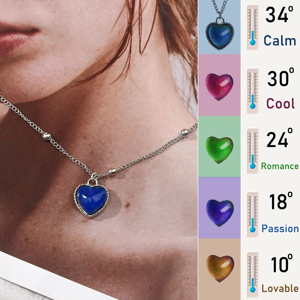Thermochromic Mood Monitor Heart Pendant Necklace Color Change As Emperature