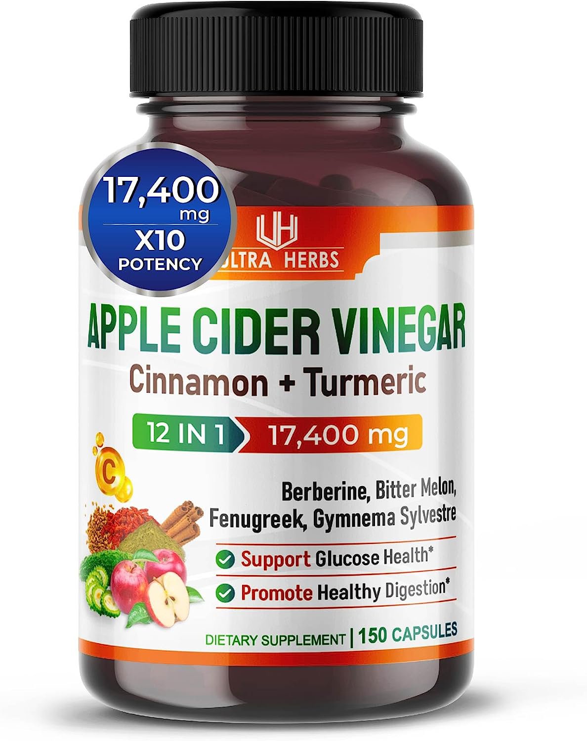 ULTRA HERBS Organic Apple Cider Vinegar Capsules 17,400mg with Cinnamon ...