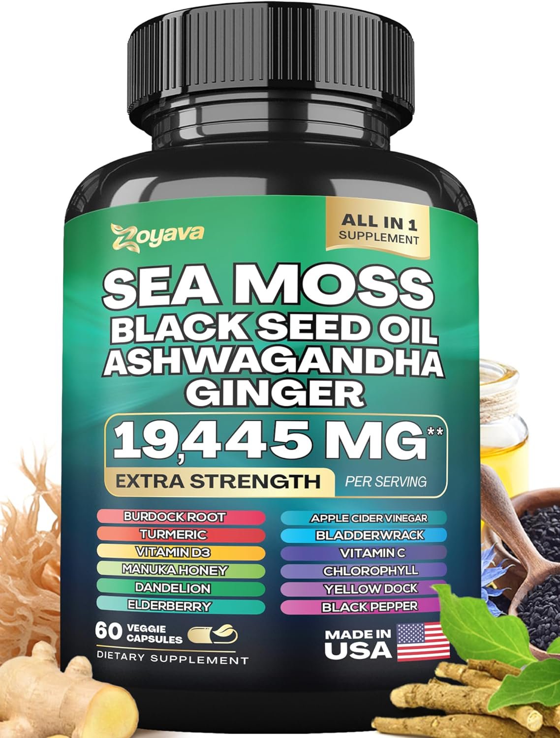 Sea Moss 7000mg Black Seed Oil 4000mg Ashwagandha 2000mg Turmeric 2000mg Bladderwrack